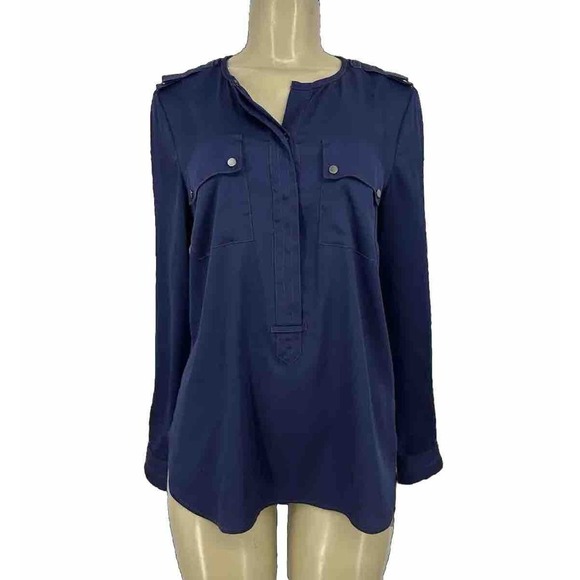 Ann Taylor Size 4 Women Button Up Long Sleeve Short Blouse Blue 21-29 - Picture 1 of 8
